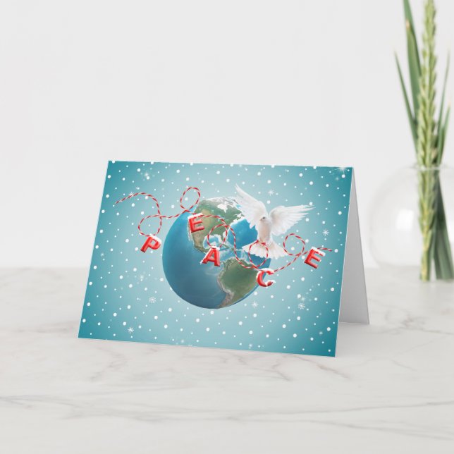 White Dove On Earth Planet With Peace Text  Holiday Card (Front)