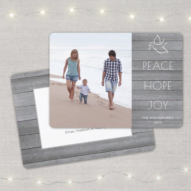 White Dove Peace Hope Joy Simple Photo Grey Wood Holiday Card (Creator Uploaded)