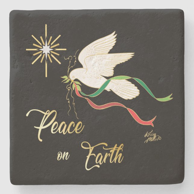 White Dove Spreading Peace On Earth Stone Coaster (Front)
