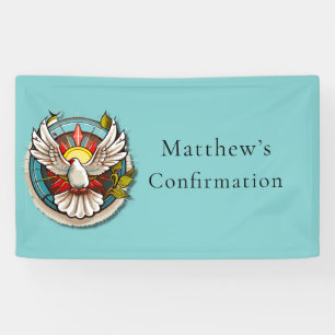 White Dove Teal Blue Confirmation Celebration Banner