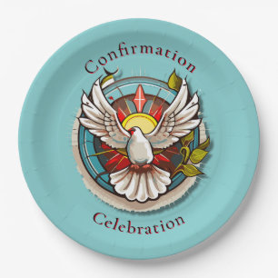White Dove Teal Blue Confirmation Celebration  Paper Plate