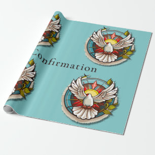 White Dove Teal Blue Confirmation Celebration Wrapping Paper