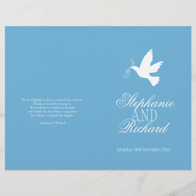 White dove with blue ribbons Wedding Programme (Front)