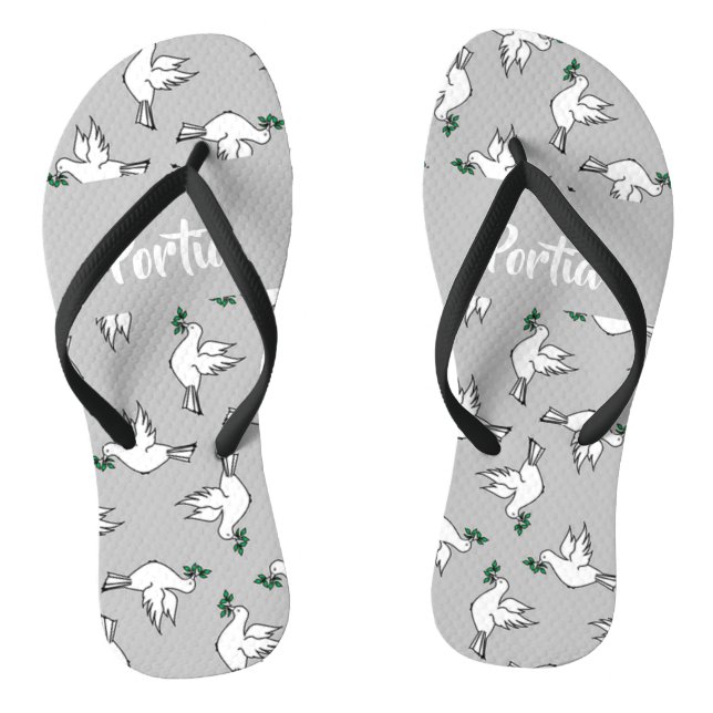 White dove with green leaves on grey jandals (Footbed)