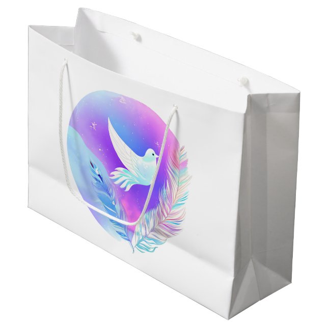 White Dove with Pink and Blue Feathers Large Gift Bag (Front Angled)