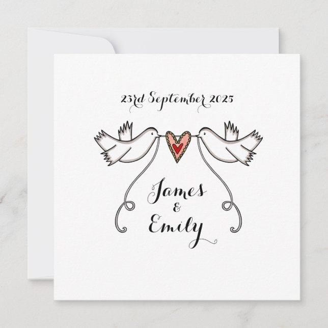 White Doves and Love Heart Wedding Invitation (Front)