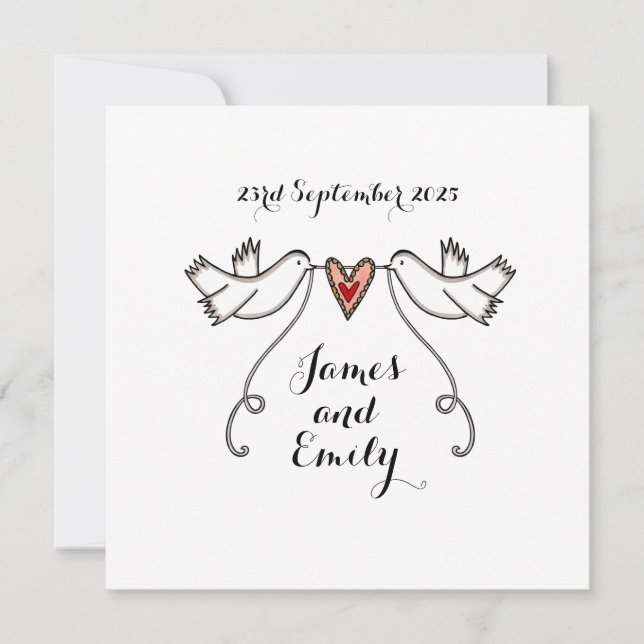 White Doves and Love Heart Wedding Invitation (Front)