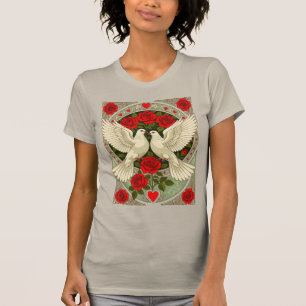 White Doves and Red Roses Art Nouveau T-Shirt