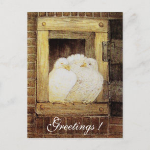 WHITE DOVES AT THE WINDOW antique brown yellow Postcard