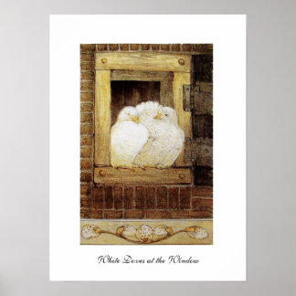 WHITE DOVES AT THE WINDOW,antique brown yellow Poster
