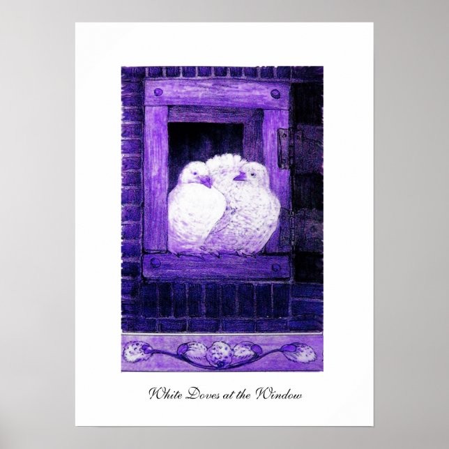 WHITE DOVES AT THE WINDOW, blue purple Poster (Front)