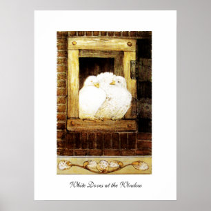 WHITE DOVES AT THE WINDOW, brown yellow Poster