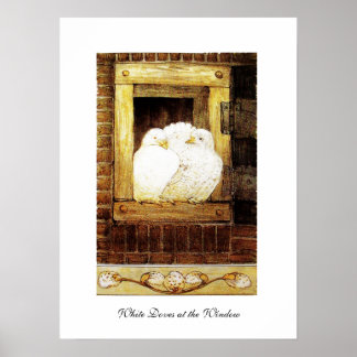 WHITE DOVES AT THE WINDOW, brown yellow Poster