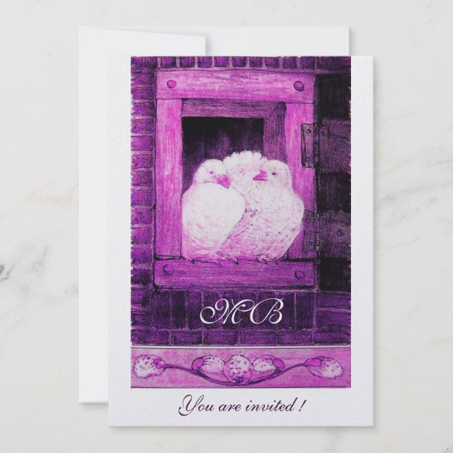 WHITE DOVES AT THE WINDOW monogram ice metallic Invitation (Front)