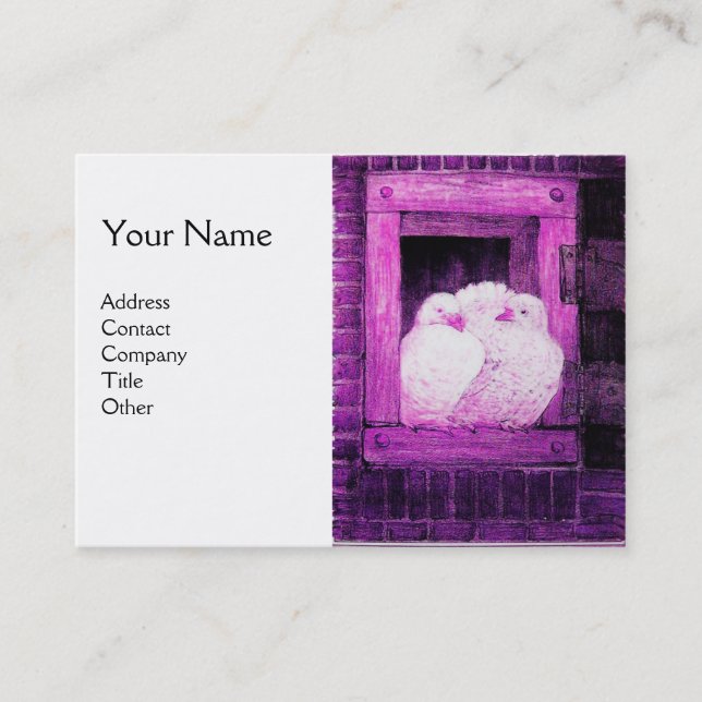 WHITE DOVES AT THE WINDOW,monogram purple pink Business Card (Front)