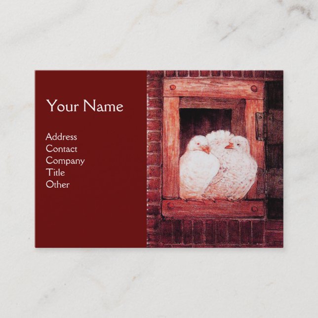 WHITE DOVES AT THE WINDOW,monogram red brown Business Card (Front)