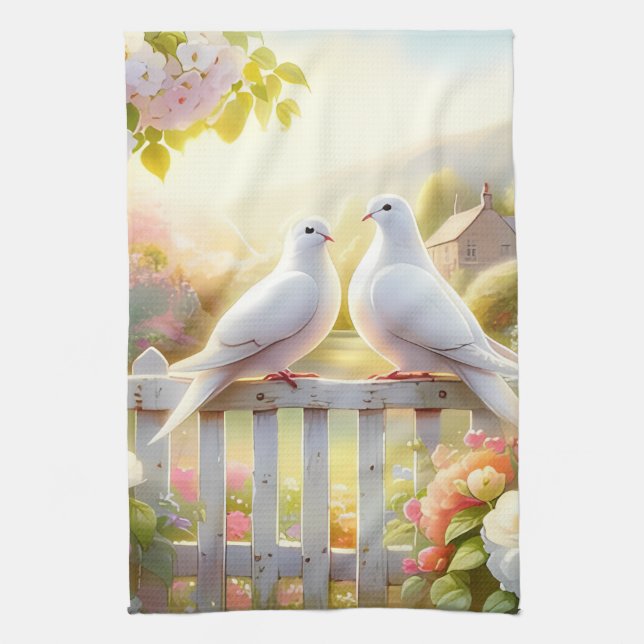 White Doves Cottage Garden Tea Towel (Vertical)