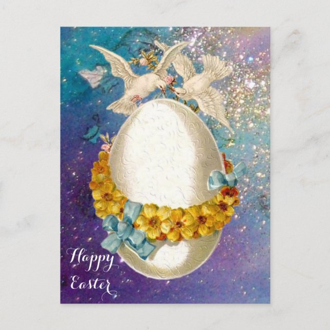 WHITE DOVES,EASTER EGG ,YELLOW FLOWERS,BLUE BOWS HOLIDAY POSTCARD (Front)