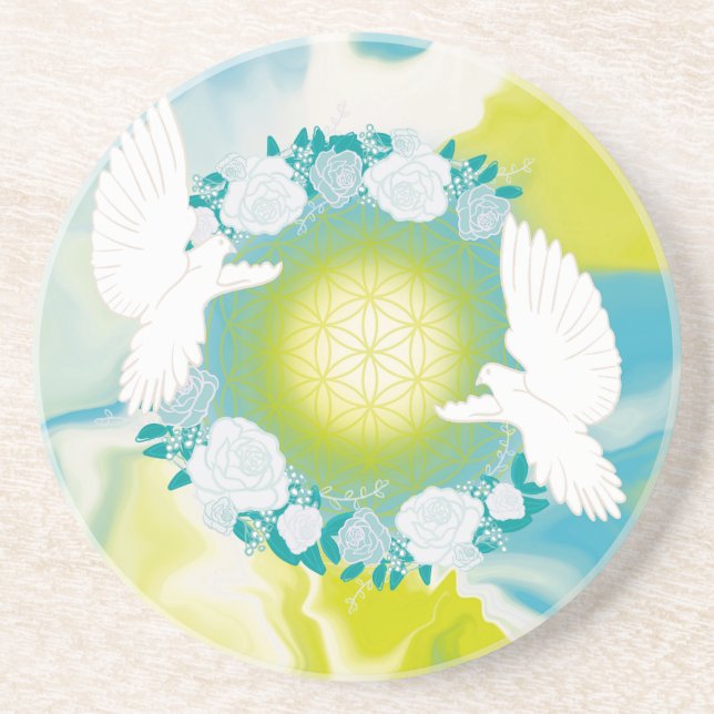 White Doves Flower of Life Sacred Geometry Coaster (Front)