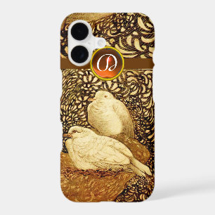 WHITE DOVES IN BROWN SEPIA,GEM STONE MONOGRAM