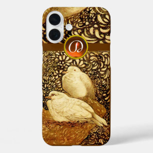 WHITE DOVES IN BROWN SEPIA,GEM STONE MONOGRAM iPhone 16 PLUS CASE