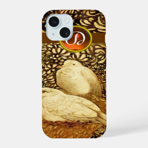 WHITE DOVES IN BROWN SEPIA,GEM STONE MONOGRAM iPhone 15 CASE