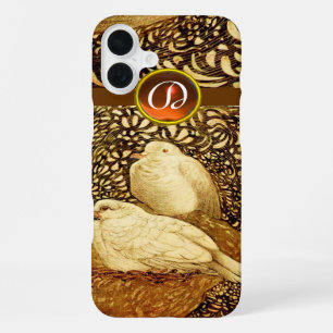 WHITE DOVES IN BROWN SEPIA,GEM STONE MONOGRAM iPhone 16 PLUS CASE