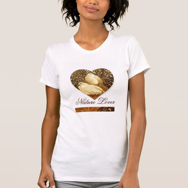 WHITE DOVES IN BROWN SEPIA  / NATURE LOVER HEART T-Shirt (Front)
