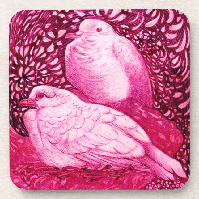 WHITE DOVES IN PINK , FUCHSIA COASTER (Front)