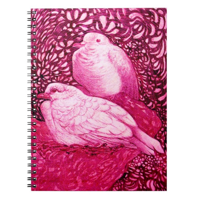 WHITE DOVES IN PINK FUCHSIA SPIRAL NOTEBOOK (Front)