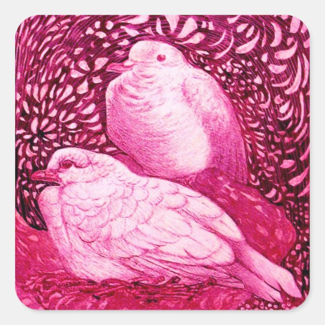 WHITE DOVES IN PINK FUCHSIA SQUARE STICKER (Front)