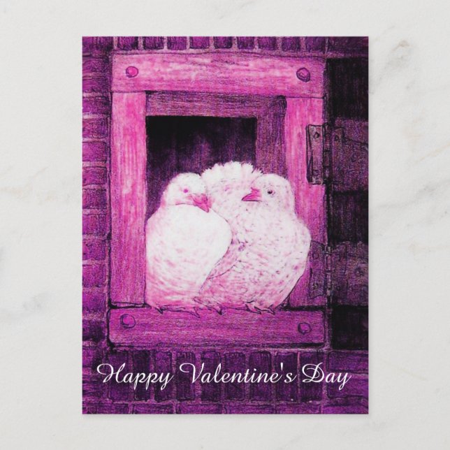 WHITE DOVES IN PINK WINDOW VALENTINE'S DAY HOLIDAY POSTCARD (Front)