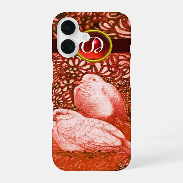 WHITE DOVES IN RED MONOGRAM iPhone 16 CASE (Back)