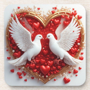 White Doves Love Heart Romantic Birds Coaster