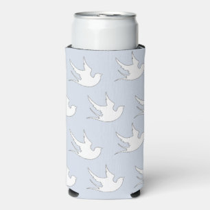 White doves silhouette pattern on blue seltzer can cooler