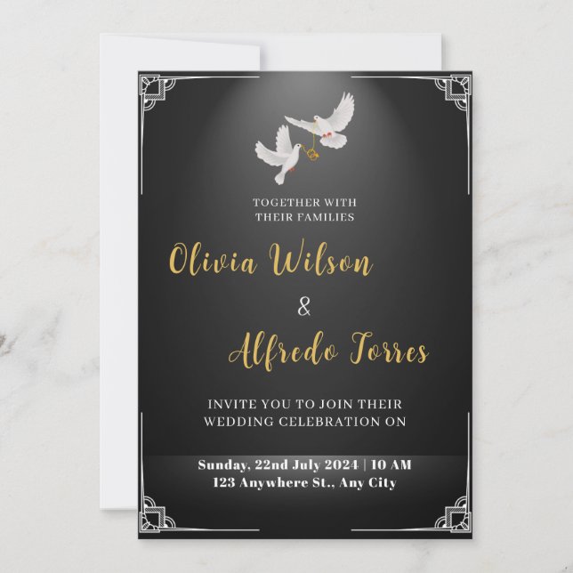 White Doves with the wedding ring wedding Invitation (Front)