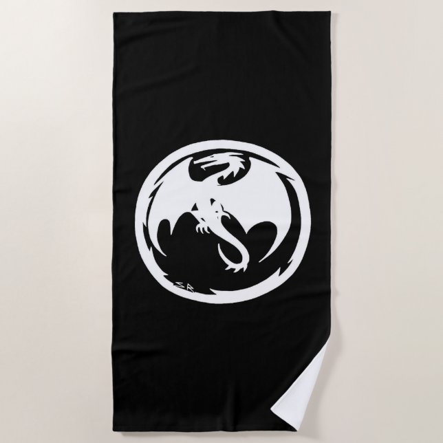 White Dragon black beach towel (Front)
