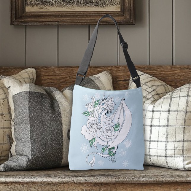 White Dragon Roses Snowflakes Blue Crossbody Bag (Creator Uploaded)