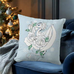 White Dragon Roses Snowflakes Blue Cushion