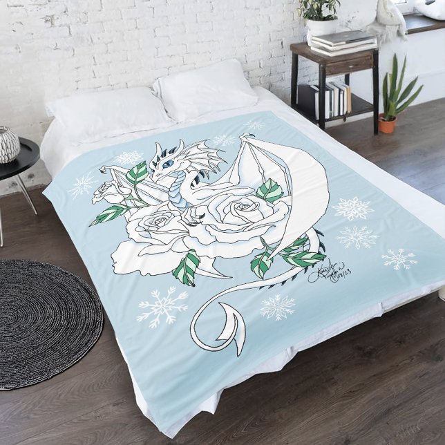 White Dragon Roses Snowflakes Blue Fleece Blanket (Creator Uploaded)