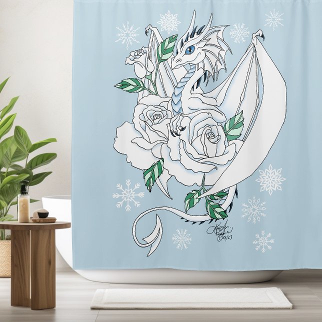 White Dragon Roses Snowflakes Blue Shower Curtain (Creator Uploaded)