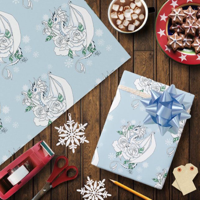 White Dragon Roses Snowflakes Blue Wrapping Paper (Creator Uploaded)