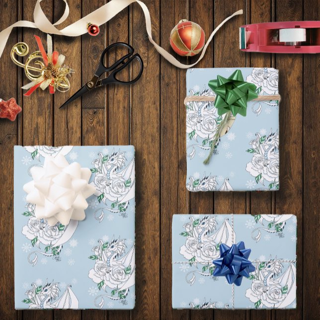 White Dragon Roses Snowflakes Blue Wrapping Paper Sheet (Creator Uploaded)