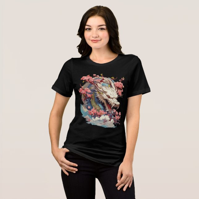 White Dragon with Blossoms Fantasy Art Tri-Blend Shirt (Front Full)