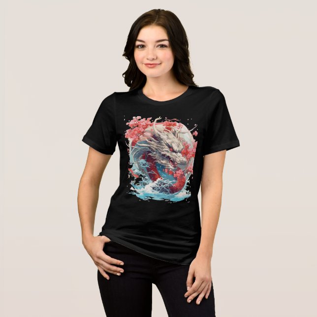 White Dragon with Waves and Sakura Tri-Blend Shirt (Front Full)