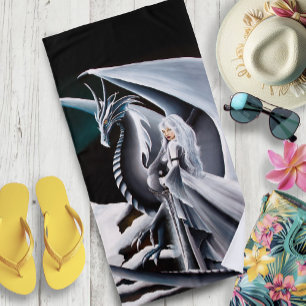 white Dragon Woman Fantasy Auroras Beach Towel