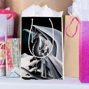 White Dragon Woman Fantasy Auroras Borealis  Medium Gift Bag