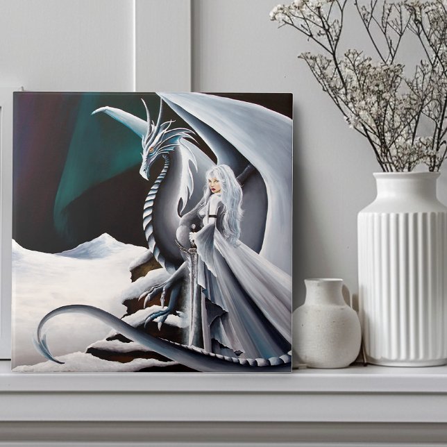 White Dragon Woman Fantasy Auroras Borealis  Tile (Creator Uploaded)