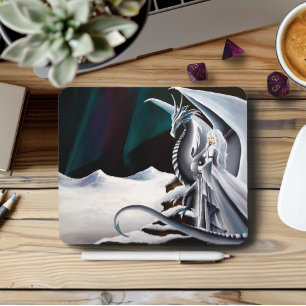 White Dragon Woman Fantasy Auroras Mouse Pad