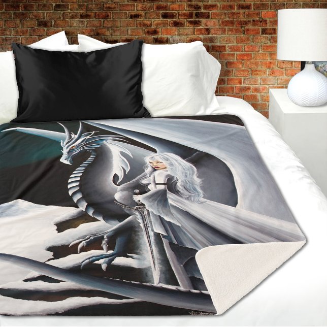 White Dragon Woman Fantasy Auroras Sherpa Blanket (Creator Uploaded)